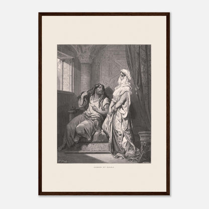 Samson et Dalila : reproduction d'une gravure de Gustave Doré (42x59,4 cm (A2) / Cadre bois foncé). Gravure de Gustave Doré pour la Sainte Bible, illustrant la scène de "Samson et Dalila".