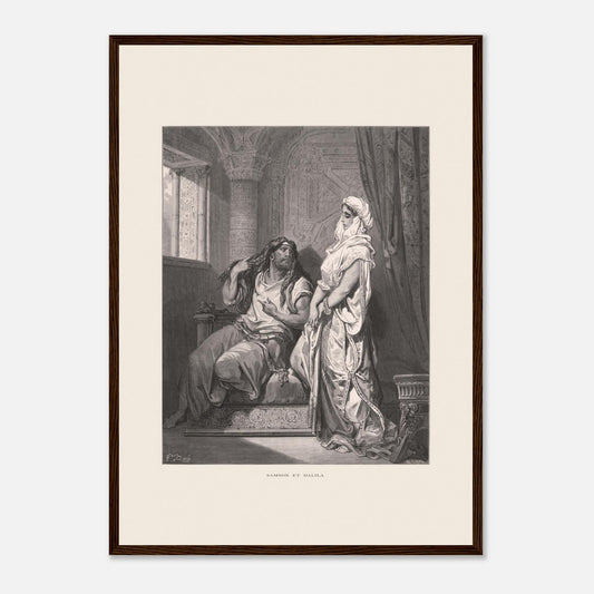 Samson et Dalila : reproduction d'une gravure de Gustave Doré (42x59,4 cm (A2) / Cadre bois foncé). Gravure de Gustave Doré pour la Sainte Bible, illustrant la scène de "Samson et Dalila".