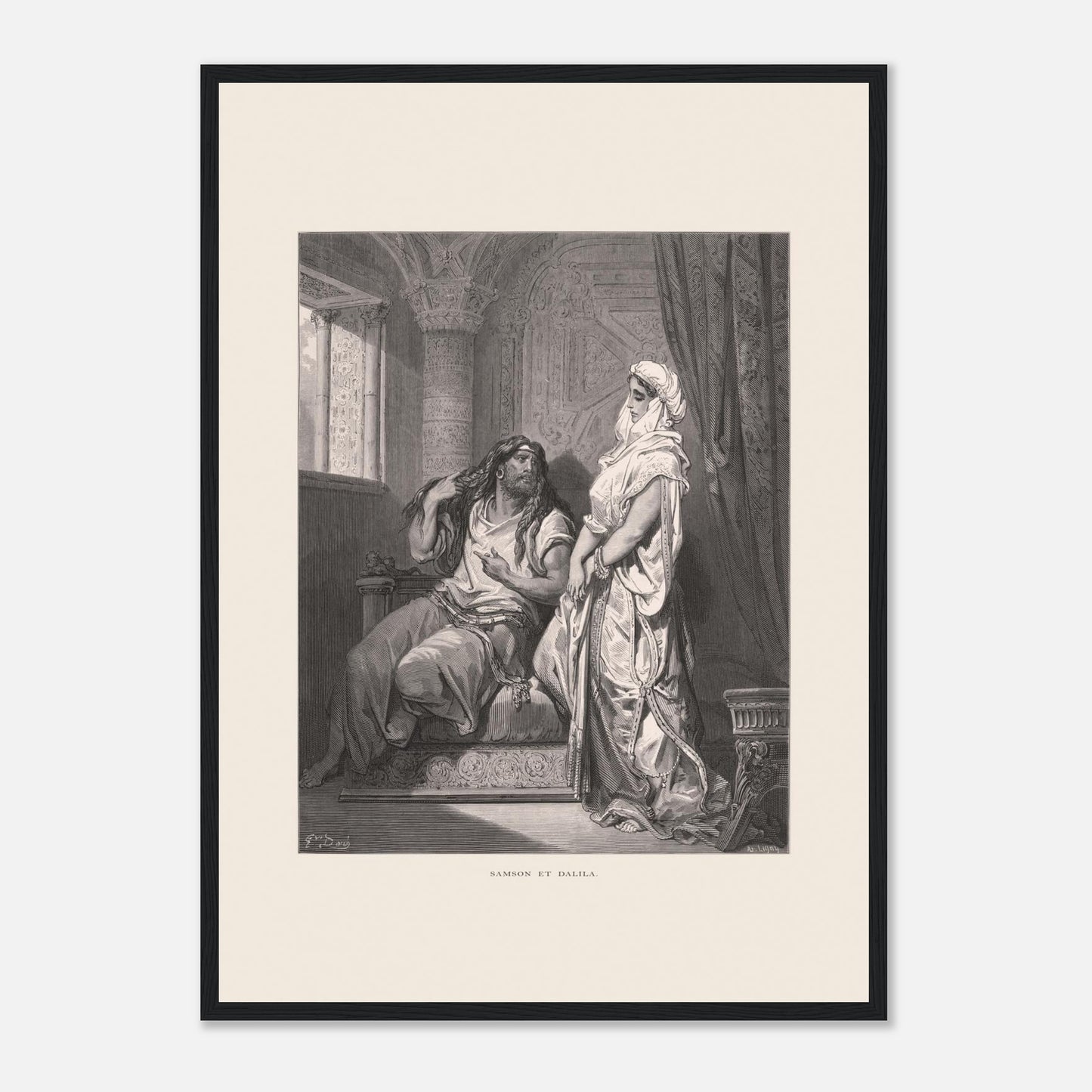 Samson et Dalila : reproduction d'une gravure de Gustave Doré (42x59,4 cm (A2) / Cadre noir). Gravure de Gustave Doré pour la Sainte Bible, illustrant la scène de "Samson et Dalila".