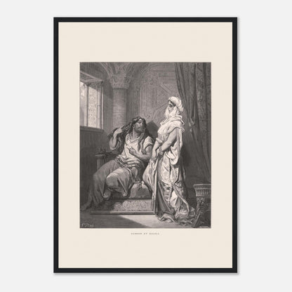 Samson et Dalila : reproduction d'une gravure de Gustave Doré (42x59,4 cm (A2) / Cadre noir). Gravure de Gustave Doré pour la Sainte Bible, illustrant la scène de "Samson et Dalila".