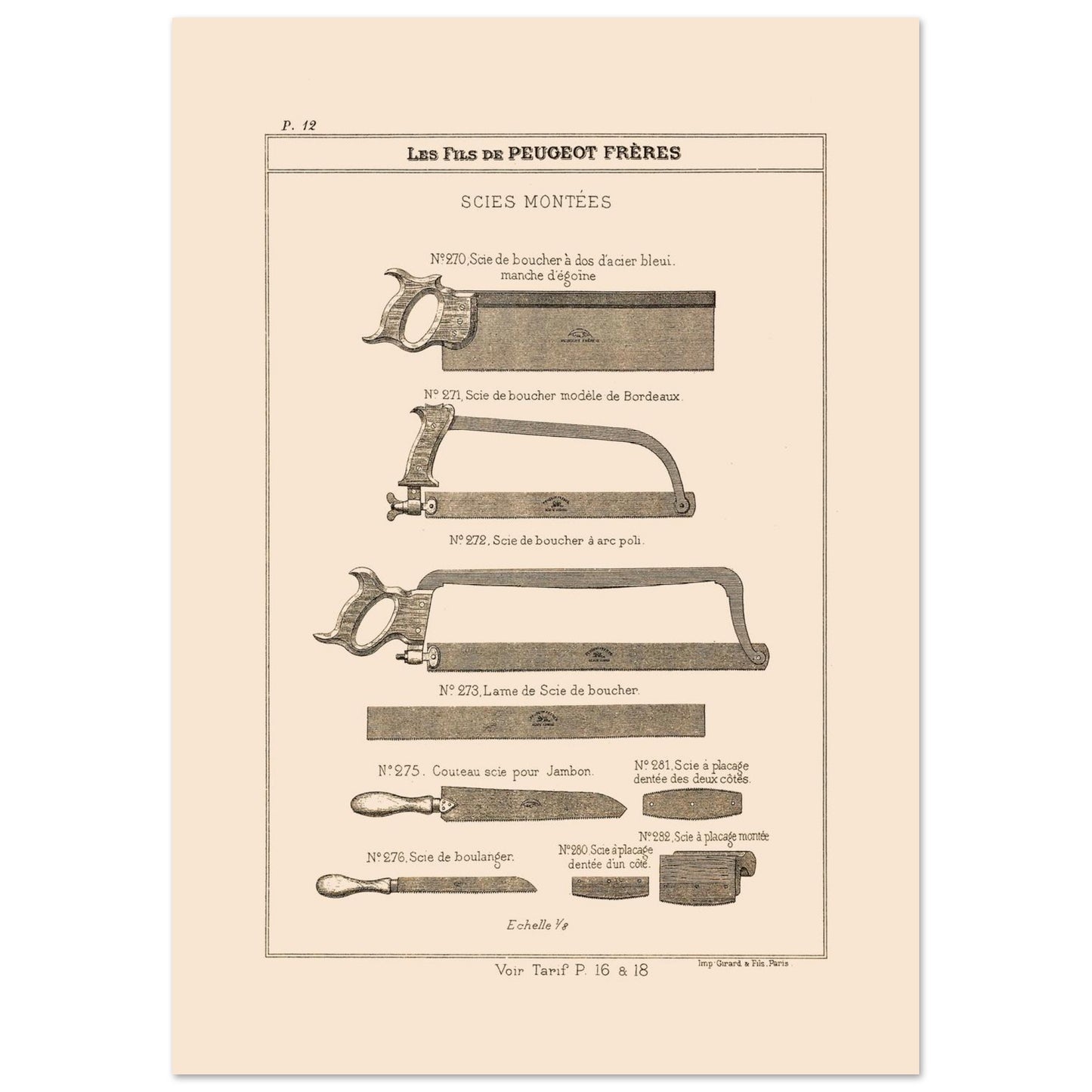 Gravure de scies de boucher et de boulanger, catalogue Peugeot Frères 1885 (21x29,7 cm (A4)). Gravure du catalogue Peugeot Frères montrant diverses scies : scies de boucher, couteau-scie pour jambon et scie de boulanger.