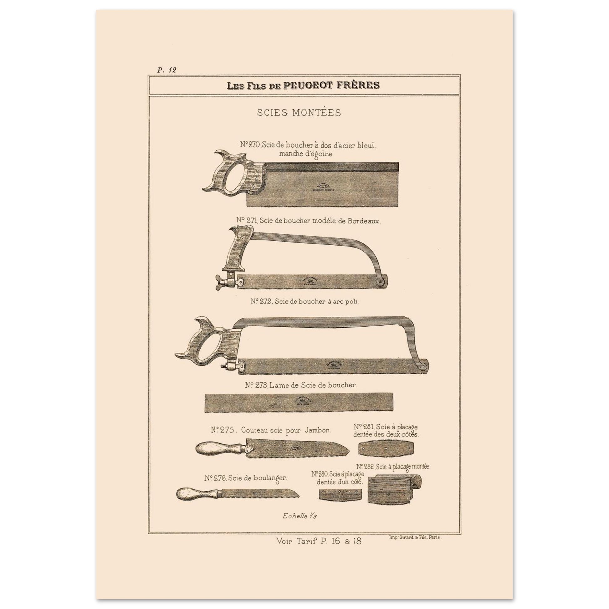 Gravure de scies de boucher et de boulanger, catalogue Peugeot Frères 1885 (21x29,7 cm (A4)). Gravure du catalogue Peugeot Frères montrant diverses scies : scies de boucher, couteau-scie pour jambon et scie de boulanger.