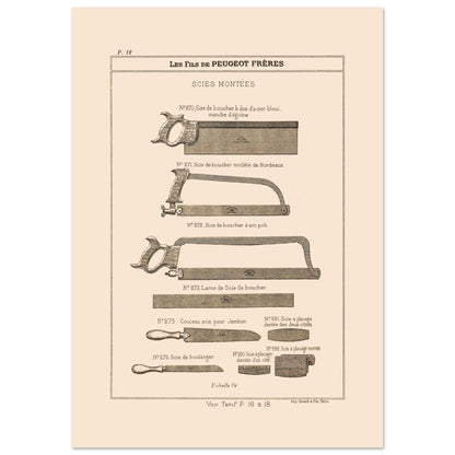 Gravure de scies de boucher et de boulanger, catalogue Peugeot Frères 1885 (21x29,7 cm (A4)). Gravure du catalogue Peugeot Frères montrant diverses scies : scies de boucher, couteau-scie pour jambon et scie de boulanger.