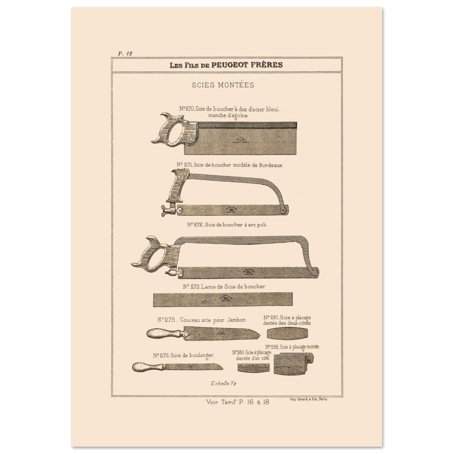 Gravure de scies de boucher et de boulanger, catalogue Peugeot Frères 1885 (29,7x42 cm (A3)). Gravure du catalogue Peugeot Frères montrant diverses scies : scies de boucher, couteau-scie pour jambon et scie de boulanger.