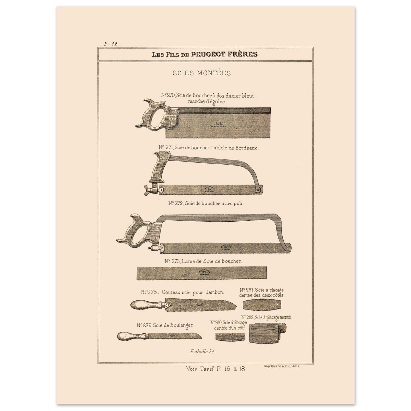 Gravure de scies de boucher et de boulanger, catalogue Peugeot Frères 1885 (30x40 cm). Gravure du catalogue Peugeot Frères montrant diverses scies : scies de boucher, couteau-scie pour jambon et scie de boulanger.