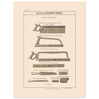 Gravure de scies de boucher et de boulanger, catalogue Peugeot Frères 1885 (30x40 cm). Gravure du catalogue Peugeot Frères montrant diverses scies : scies de boucher, couteau-scie pour jambon et scie de boulanger.