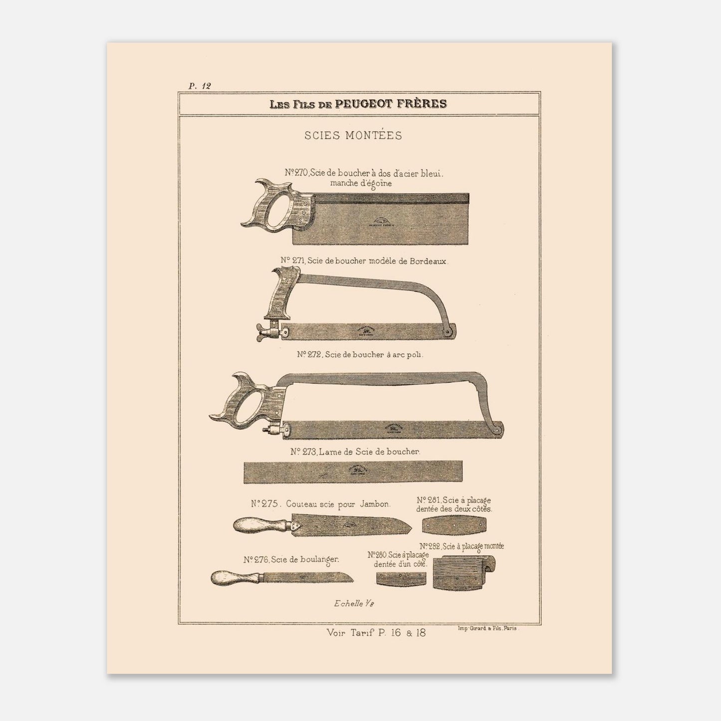 Gravure de scies de boucher et de boulanger, catalogue Peugeot Frères 1885. Gravure du catalogue Peugeot Frères montrant diverses scies : scies de boucher, couteau-scie pour jambon et scie de boulanger. Image d'illustration 4