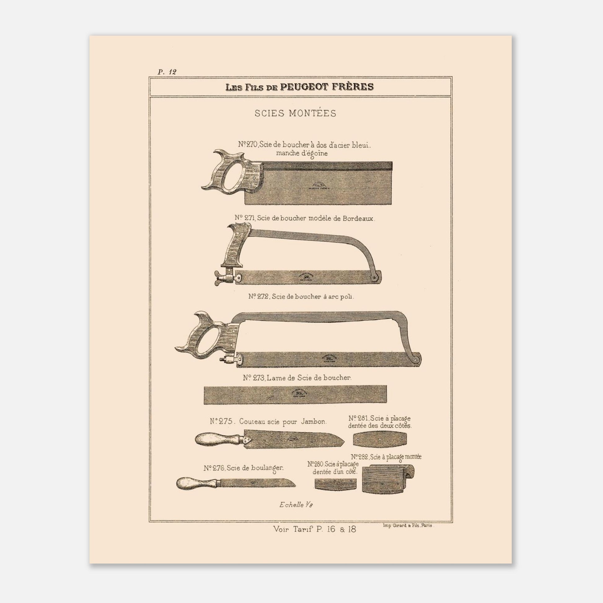 Gravure de scies de boucher et de boulanger, catalogue Peugeot Frères 1885. Gravure du catalogue Peugeot Frères montrant diverses scies : scies de boucher, couteau-scie pour jambon et scie de boulanger. Image d'illustration 4