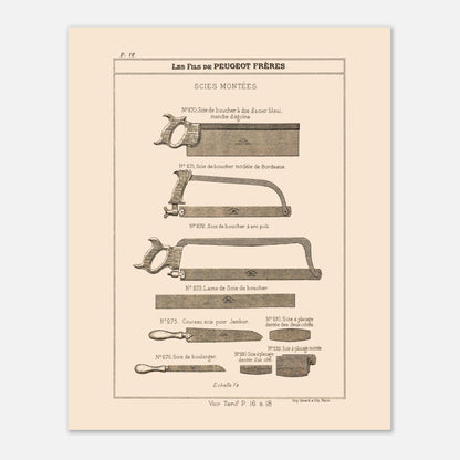 Gravure de scies de boucher et de boulanger, catalogue Peugeot Frères 1885. Gravure du catalogue Peugeot Frères montrant diverses scies : scies de boucher, couteau-scie pour jambon et scie de boulanger. Image d'illustration 4