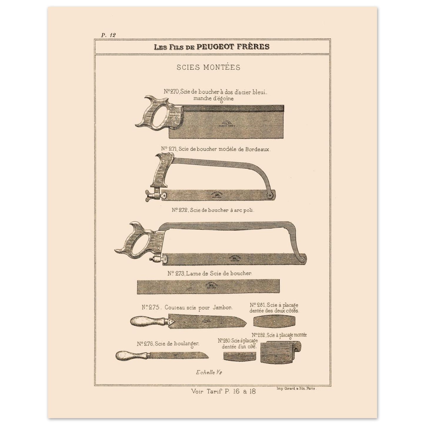 Gravure de scies de boucher et de boulanger, catalogue Peugeot Frères 1885 (40x50 cm). Gravure du catalogue Peugeot Frères montrant diverses scies : scies de boucher, couteau-scie pour jambon et scie de boulanger.