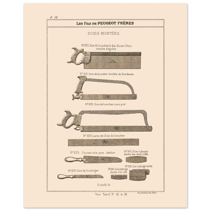 Gravure de scies de boucher et de boulanger, catalogue Peugeot Frères 1885 (40x50 cm). Gravure du catalogue Peugeot Frères montrant diverses scies : scies de boucher, couteau-scie pour jambon et scie de boulanger.