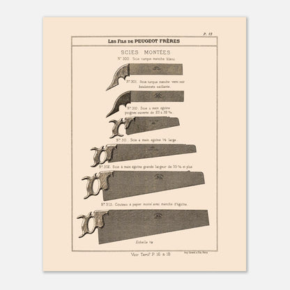 Planche de scies turques et scies égoïnes - Catalogue Peugeot Frères 1885. Gravure montrant différents types de scies, incluant des scies turques et des scies égoïnes de diverses tailles et finitions. Image d'illustration 4