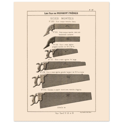 Planche de scies turques et scies égoïnes - Catalogue Peugeot Frères 1885 (40x50 cm). Gravure montrant différents types de scies, incluant des scies turques et des scies égoïnes de diverses tailles et finitions.
