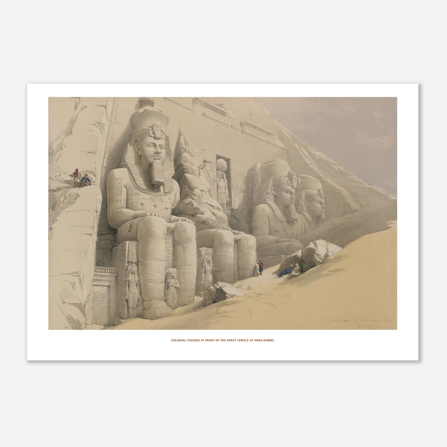 Statues colossales de Ramsès II à Abou Simbel, David Roberts (21x29,7 cm (A4)). Lithographie des statues colossales de Ramsès II devant le temple d'Abou Simbel, avec des personnages minuscules explorant le site sablonneux.