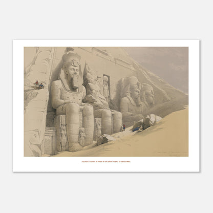 Statues colossales de Ramsès II à Abou Simbel, David Roberts (29,7x42 cm (A3)). Lithographie des statues colossales de Ramsès II devant le temple d'Abou Simbel, avec des personnages minuscules explorant le site sablonneux.