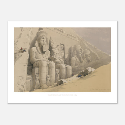 Statues colossales de Ramsès II à Abou Simbel, David Roberts (30x40 cm). Lithographie des statues colossales de Ramsès II devant le temple d'Abou Simbel, avec des personnages minuscules explorant le site sablonneux.