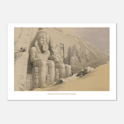 Statues colossales de Ramsès II à Abou Simbel, David Roberts (42x59,4 cm (A2)). Lithographie des statues colossales de Ramsès II devant le temple d'Abou Simbel, avec des personnages minuscules explorant le site sablonneux.
