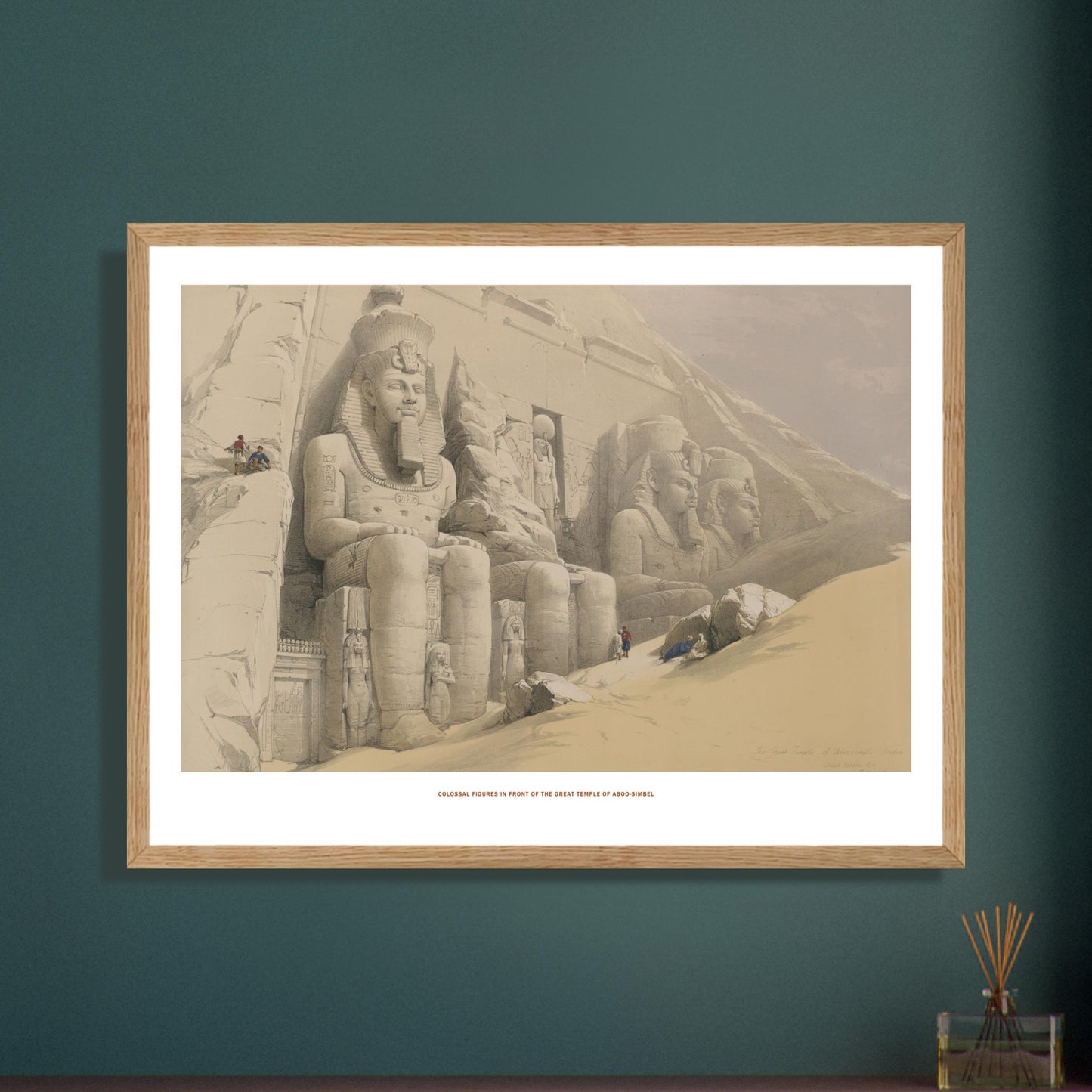 Statues colossales de Ramsès II à Abou Simbel, David Roberts. Lithographie des statues colossales de Ramsès II devant le temple d'Abou Simbel, avec des personnages minuscules explorant le site sablonneux. Image d'illustration 6