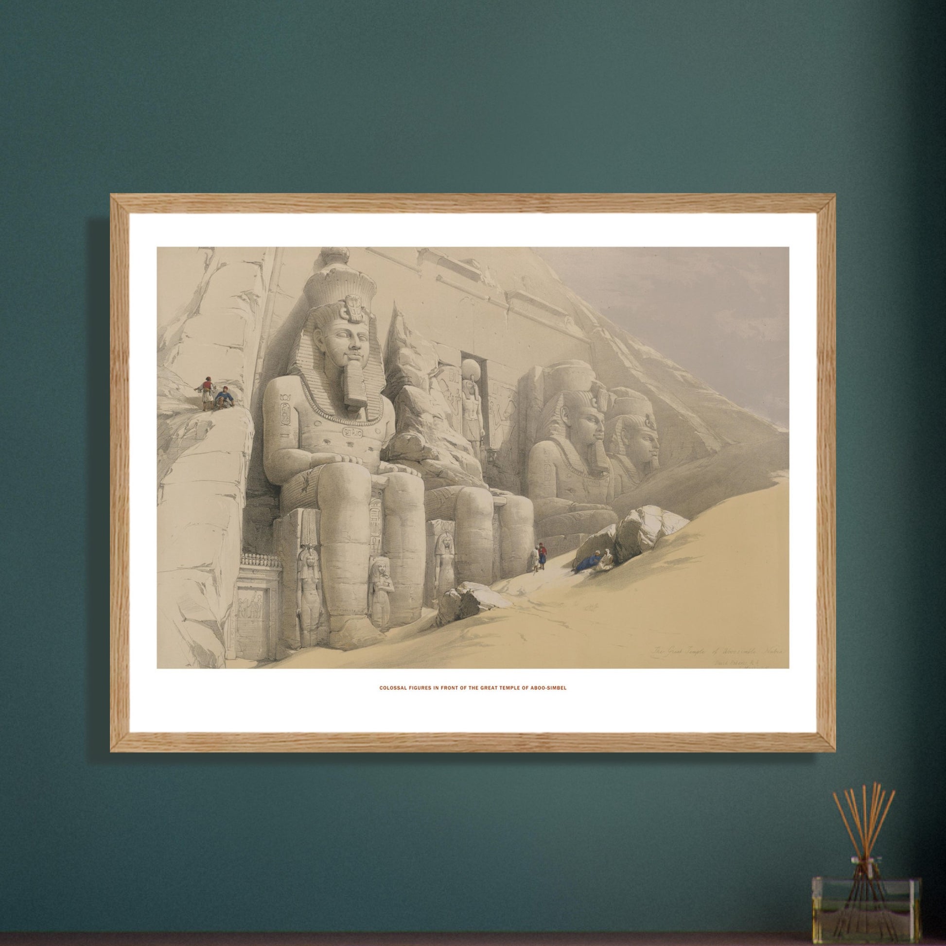 Statues colossales de Ramsès II à Abou Simbel, David Roberts. Lithographie des statues colossales de Ramsès II devant le temple d'Abou Simbel, avec des personnages minuscules explorant le site sablonneux. Image d'illustration 6