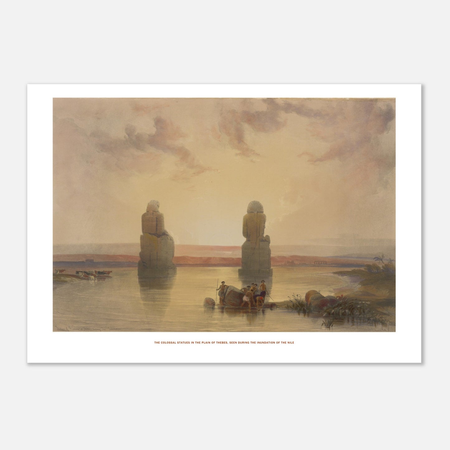 Planche des statues colossales dans la plaine de Thèbes - David Roberts (21x29,7 cm (A4)). Lithographie ancienne représentant les statues colossales dans la plaine de Thèbes, vues pendant l'inondation du Nil, avec des bateaux et du bétail.