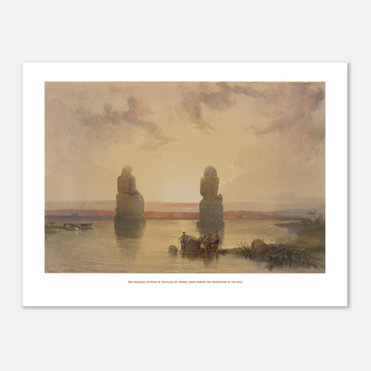 Planche des statues colossales dans la plaine de Thèbes - David Roberts (30x40 cm). Lithographie ancienne représentant les statues colossales dans la plaine de Thèbes, vues pendant l'inondation du Nil, avec des bateaux et du bétail.