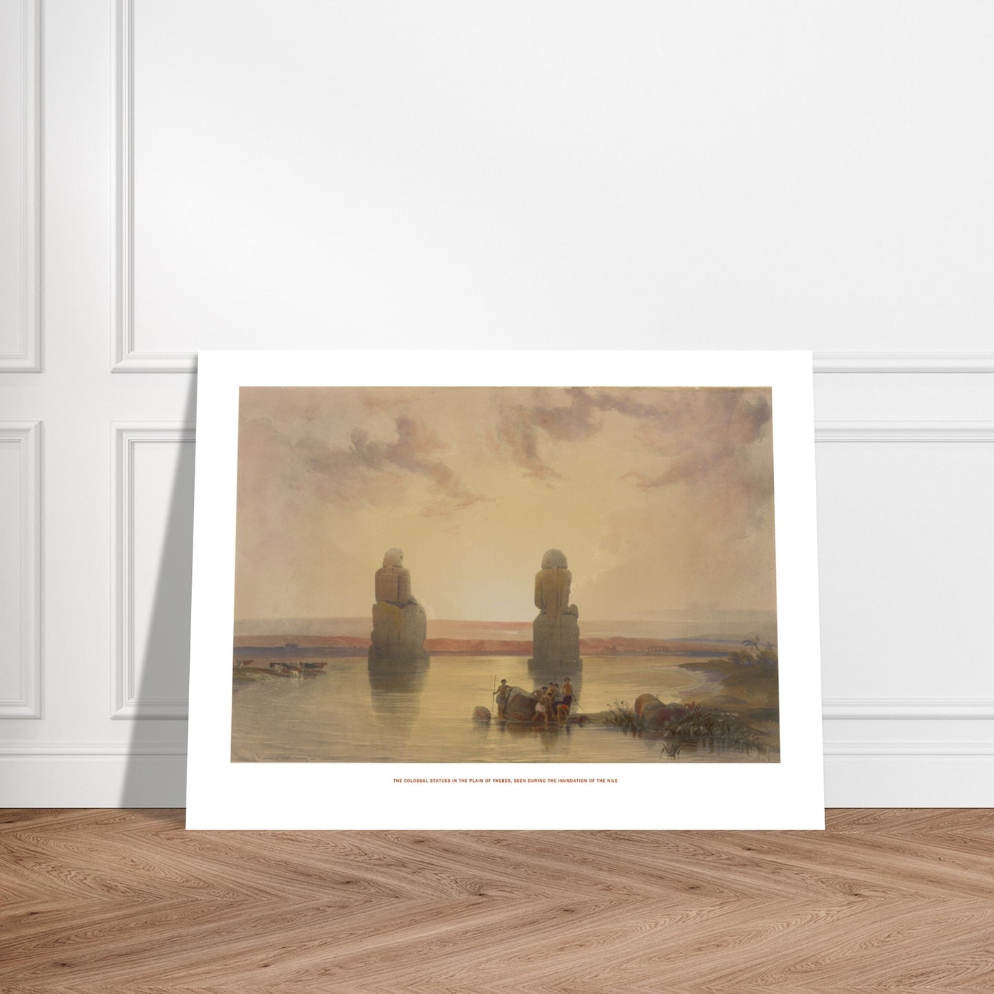 Planche des statues colossales dans la plaine de Thèbes - David Roberts. Lithographie ancienne représentant les statues colossales dans la plaine de Thèbes, vues pendant l'inondation du Nil, avec des bateaux et du bétail. Image d'illustration 6