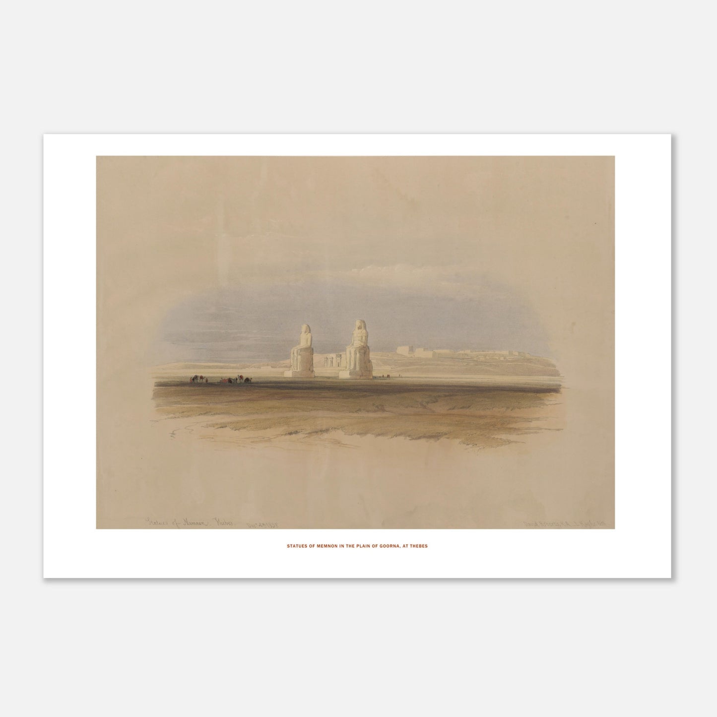Statues de Memnon dans la plaine de Gourna - David Roberts (21x29,7 cm (A4)). Lithographie ancienne représentant les statues de Memnon dans la plaine de Gourna, à Thèbes, sous un ciel nuageux.