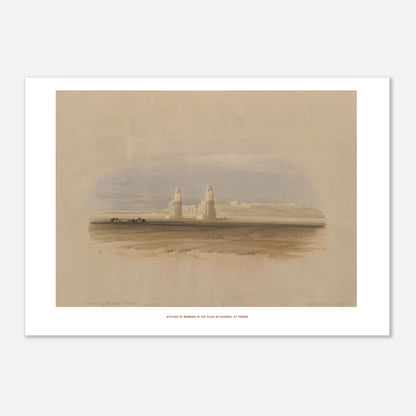 Statues de Memnon dans la plaine de Gourna - David Roberts (21x29,7 cm (A4)). Lithographie ancienne représentant les statues de Memnon dans la plaine de Gourna, à Thèbes, sous un ciel nuageux.