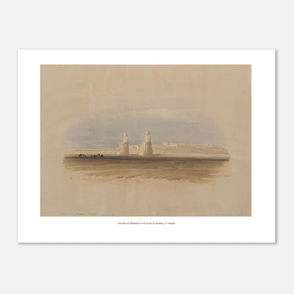Statues de Memnon dans la plaine de Gourna - David Roberts (30x40 cm). Lithographie ancienne représentant les statues de Memnon dans la plaine de Gourna, à Thèbes, sous un ciel nuageux.