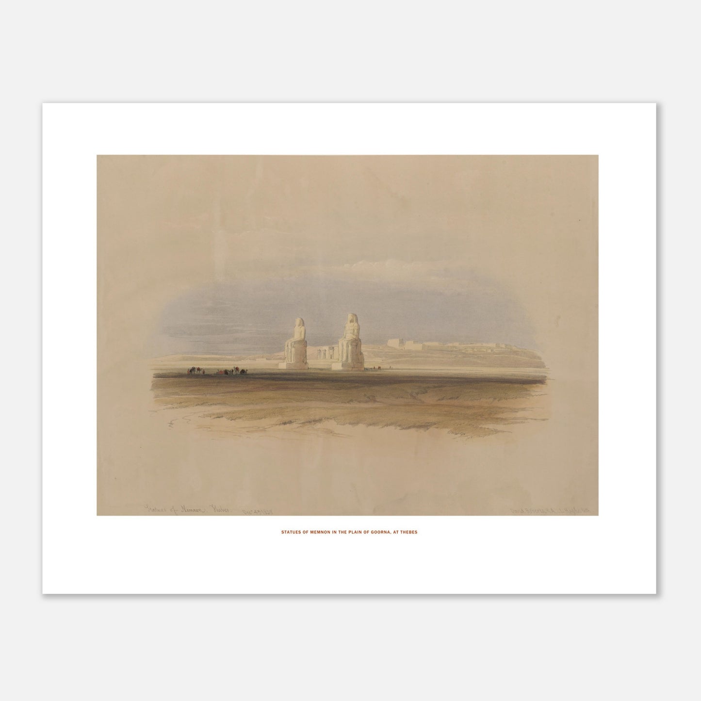 Statues de Memnon dans la plaine de Gourna - David Roberts (40x50 cm). Lithographie ancienne représentant les statues de Memnon dans la plaine de Gourna, à Thèbes, sous un ciel nuageux.