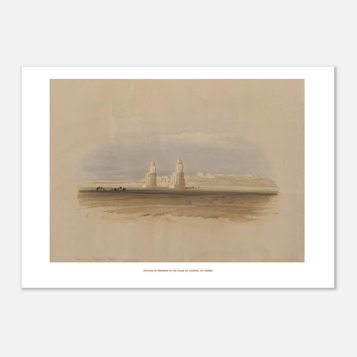 Statues de Memnon dans la plaine de Gourna - David Roberts (42x59,4 cm (A2)). Lithographie ancienne représentant les statues de Memnon dans la plaine de Gourna, à Thèbes, sous un ciel nuageux.