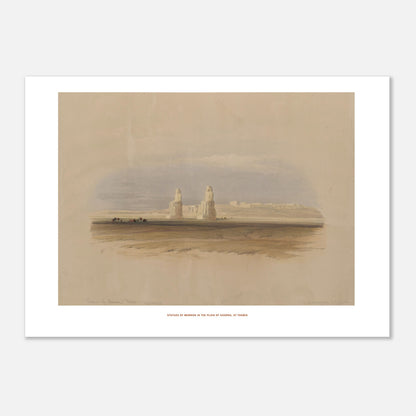 Statues de Memnon dans la plaine de Gourna - David Roberts (50x70 cm). Lithographie ancienne représentant les statues de Memnon dans la plaine de Gourna, à Thèbes, sous un ciel nuageux.