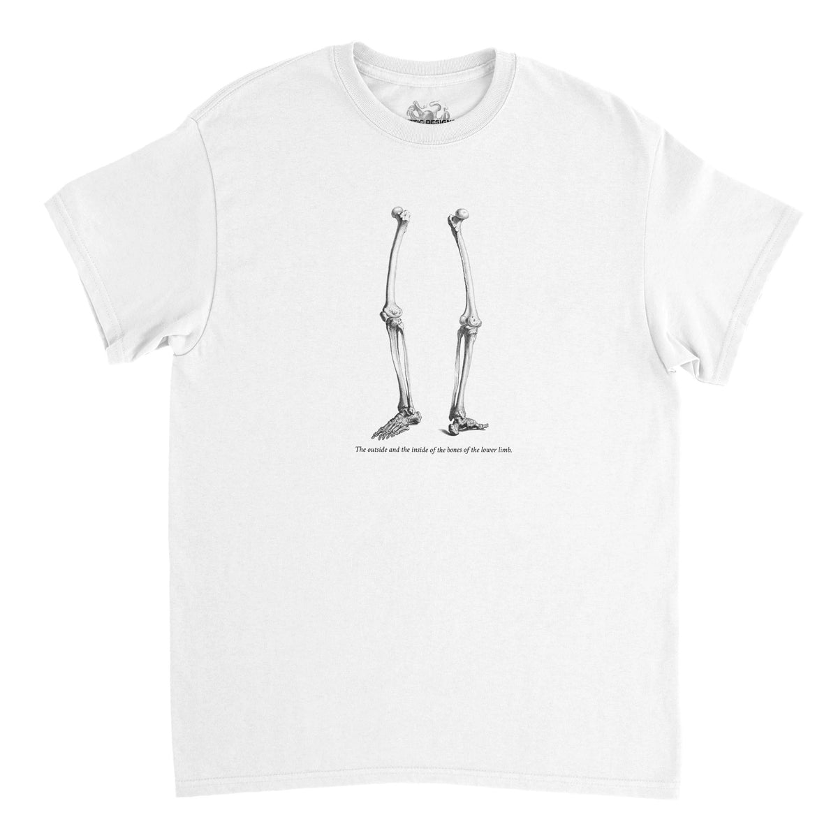 Lower Limbs Anatomy T-shirt - William Cheselden (White). Black t-shirt with a white illustration of the bones of the lower limbs of a human skeleton.