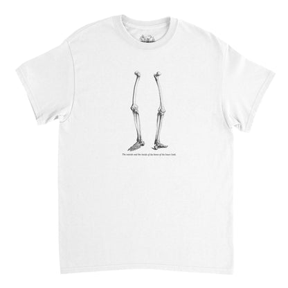 T-shirt anatomie membres inférieurs - William Cheselden (Blanc). T-shirt noir avec une illustration des os des membres inférieurs d'un squelette humain en blanc.