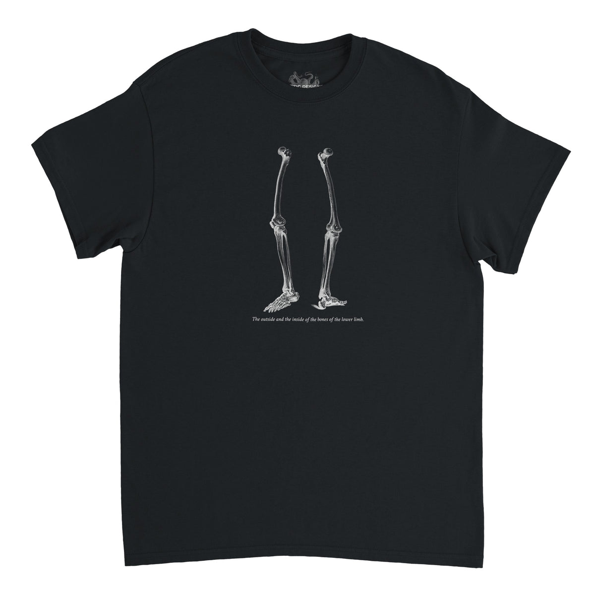 T-shirt anatomie membres inférieurs - William Cheselden (Noir). T-shirt noir avec une illustration des os des membres inférieurs d'un squelette humain en blanc.