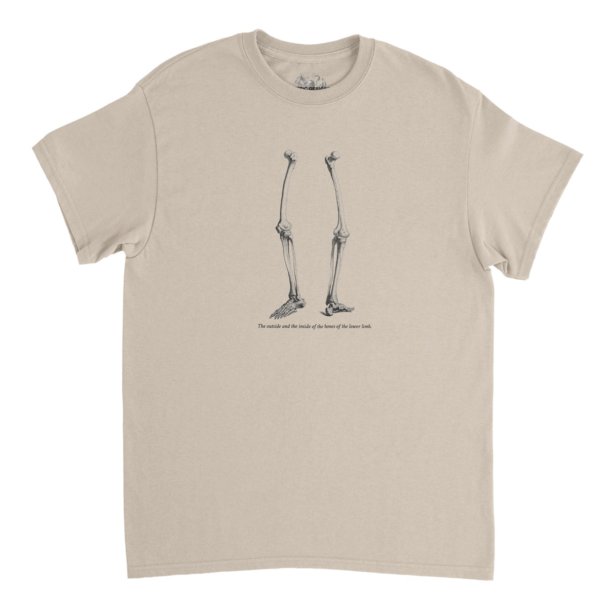 T-shirt anatomie membres inférieurs - William Cheselden (Sable). T-shirt noir avec une illustration des os des membres inférieurs d'un squelette humain en blanc.