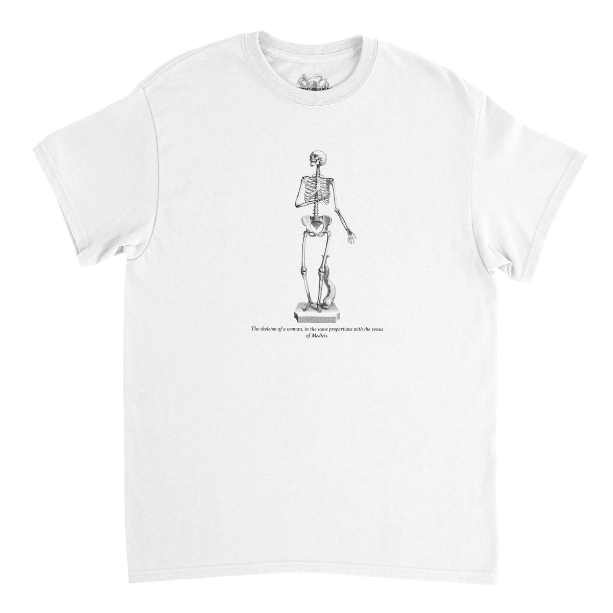 T-shirt anatomie squelette féminin - William Cheselden (Blanc). T-shirt vert foncé avec un squelette de femme en pose suppliante, dessiné en blanc.