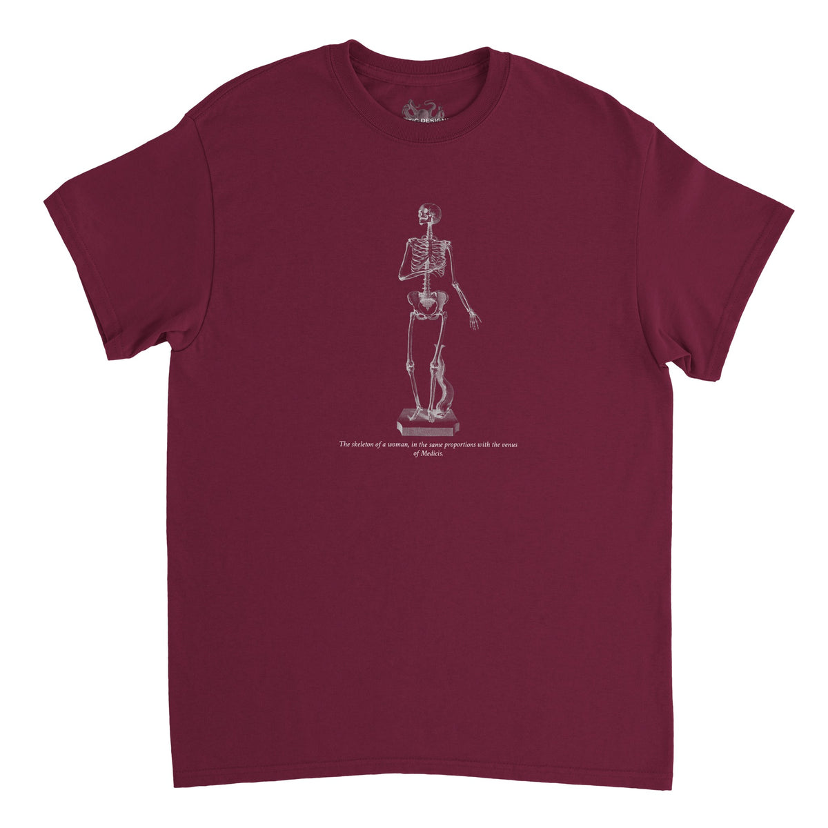 T-shirt anatomie squelette féminin - William Cheselden (Bordeaux). T-shirt vert foncé avec un squelette de femme en pose suppliante, dessiné en blanc.
