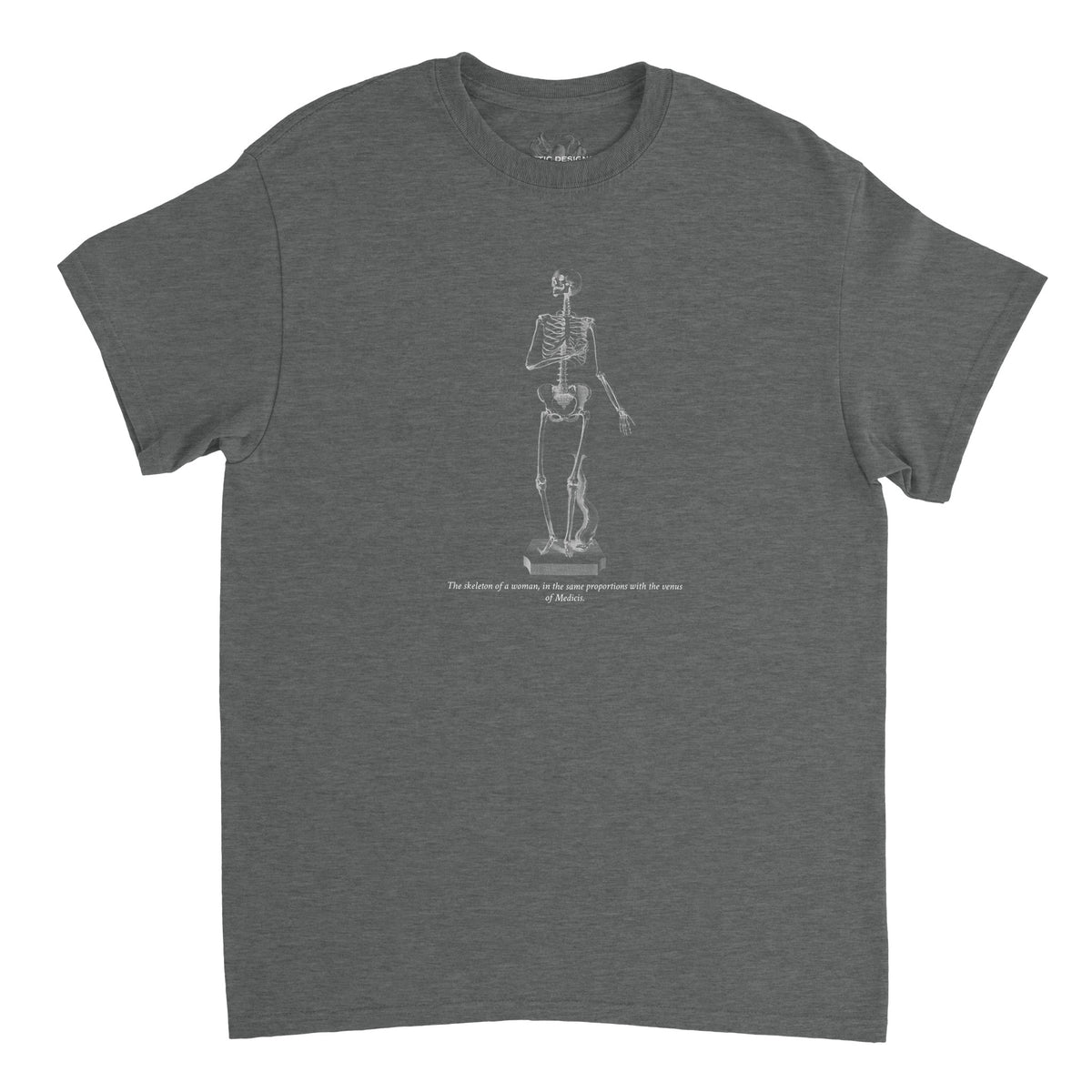 T-shirt anatomie squelette féminin - William Cheselden (Graphite). T-shirt vert foncé avec un squelette de femme en pose suppliante, dessiné en blanc.