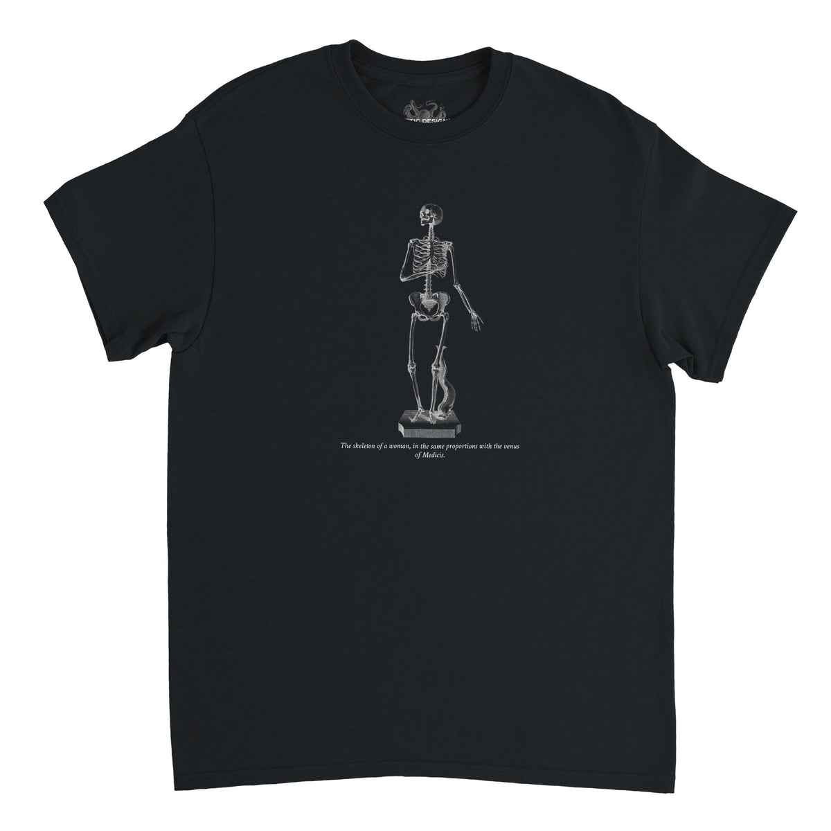 T-shirt anatomie squelette féminin - William Cheselden (Noir). T-shirt vert foncé avec un squelette de femme en pose suppliante, dessiné en blanc.