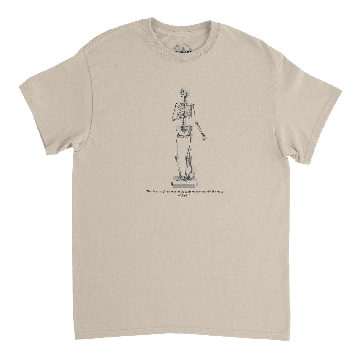 T-shirt anatomie squelette féminin - William Cheselden (Sable). T-shirt vert foncé avec un squelette de femme en pose suppliante, dessiné en blanc.