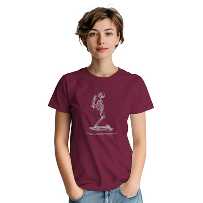 Kneeling Male Skeleton Anatomy T-shirt - Cheselden. Burgundy t-shirt featuring a white line drawing of a male skeleton kneeling in prayer.