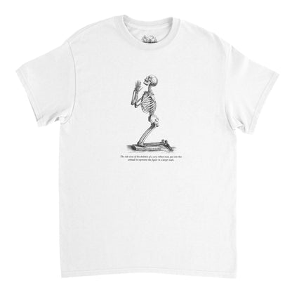 Kneeling Male Skeleton Anatomy T-shirt - Cheselden (White). Burgundy t-shirt featuring a white line drawing of a male skeleton kneeling in prayer.