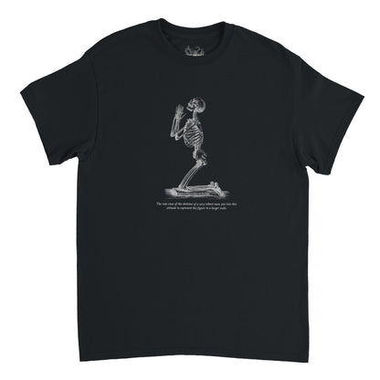 Kneeling Male Skeleton Anatomy T-shirt - Cheselden (Black). Burgundy t-shirt featuring a white line drawing of a male skeleton kneeling in prayer.