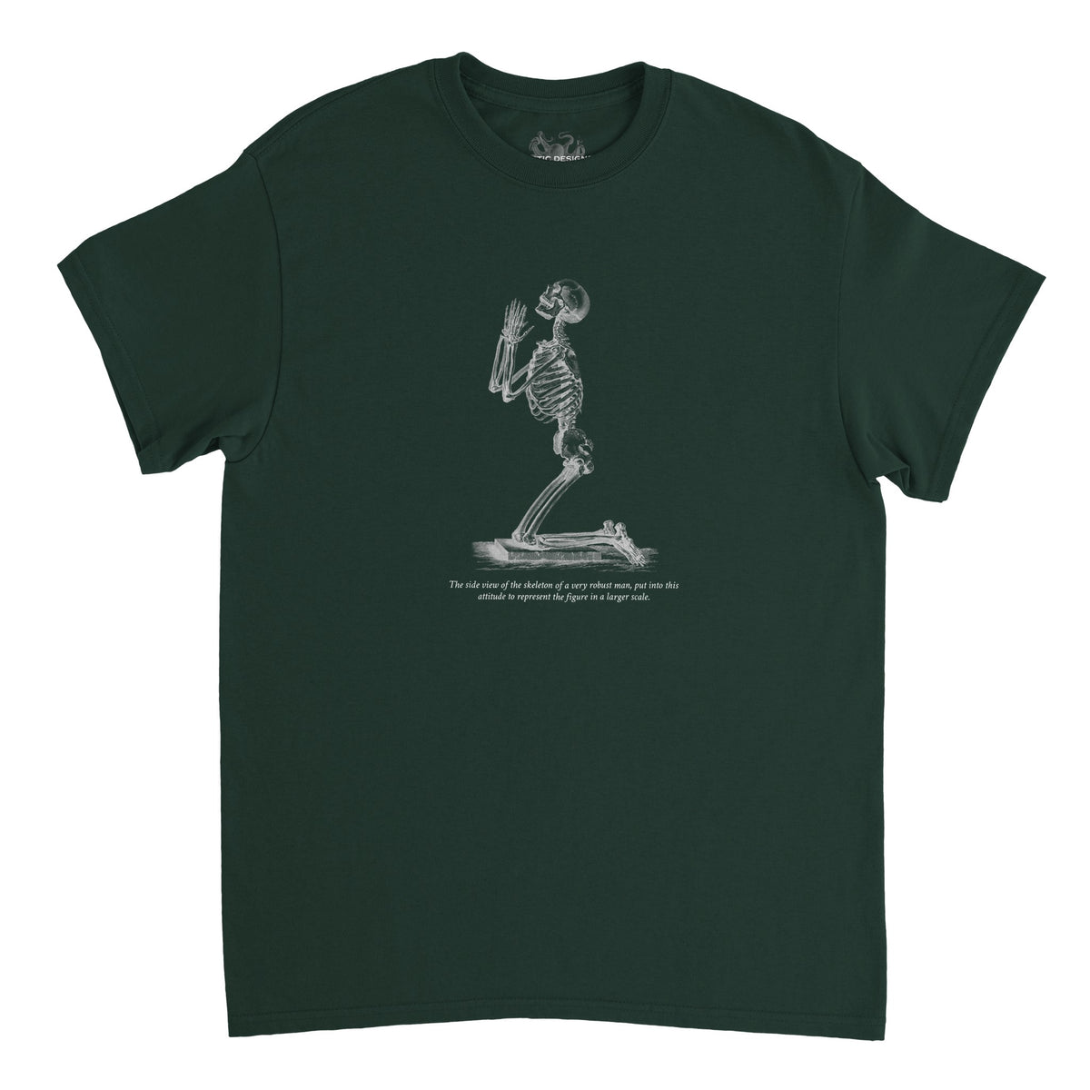 Kneeling Male Skeleton Anatomy T-shirt - Cheselden (Forest Green). Burgundy t-shirt featuring a white line drawing of a male skeleton kneeling in prayer.