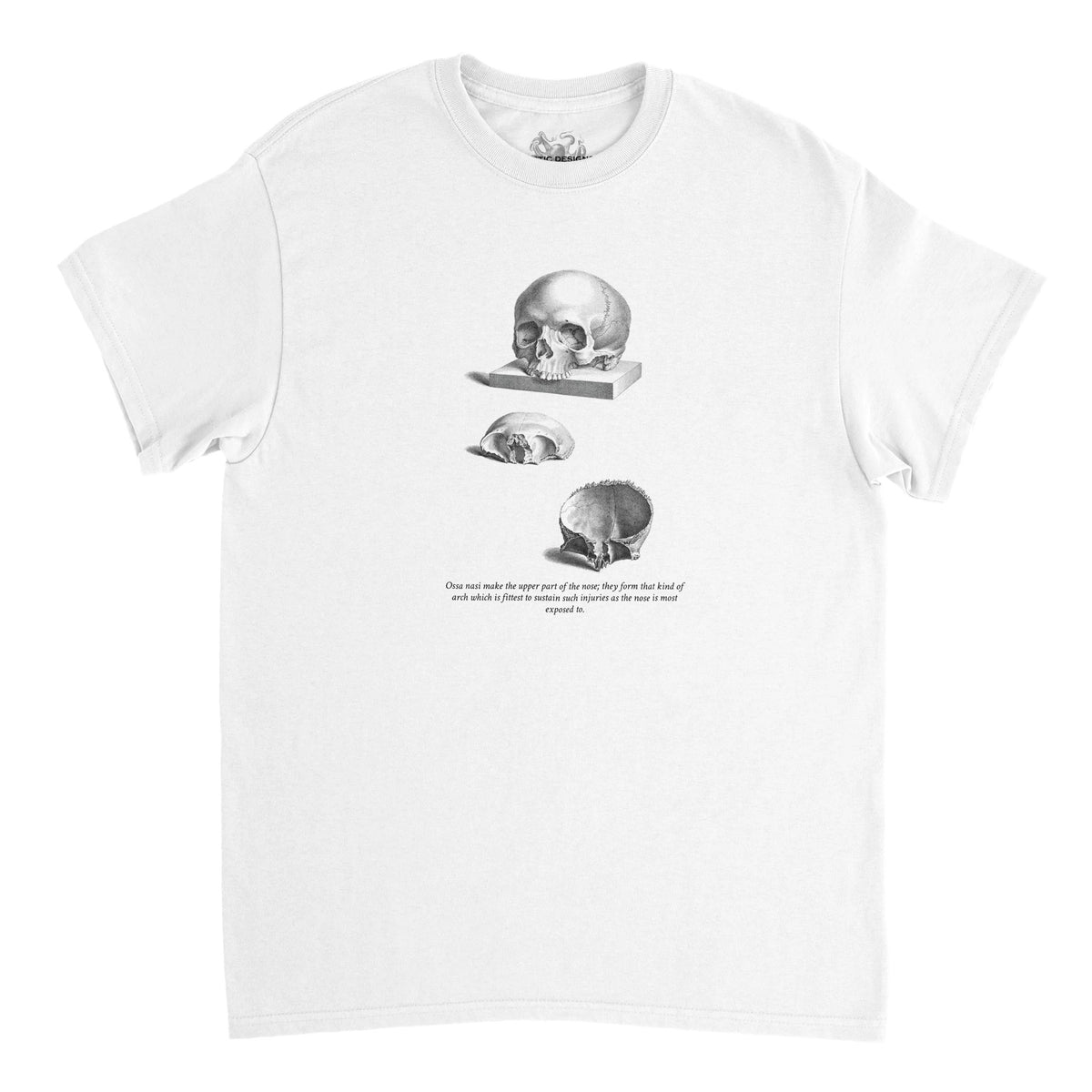 T-shirt anatomie trois crânes humains - William Cheselden (Blanc). T-shirt noir avec une illustration de trois crânes humains en différentes vues, dessinés en blanc.