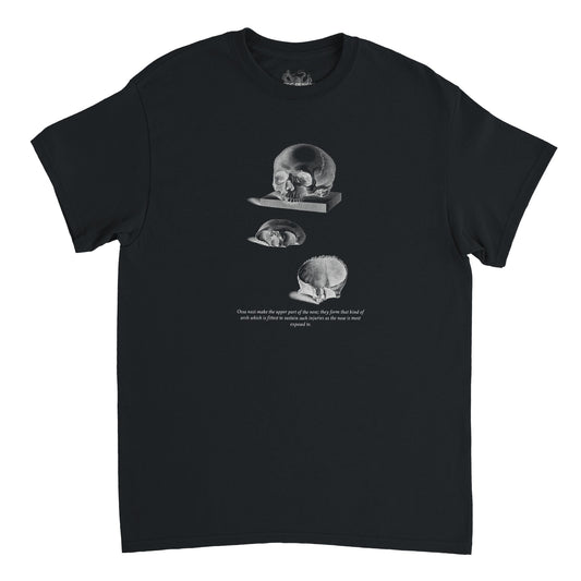 T-shirt anatomie trois crânes humains - William Cheselden (Noir). T-shirt noir avec une illustration de trois crânes humains en différentes vues, dessinés en blanc.