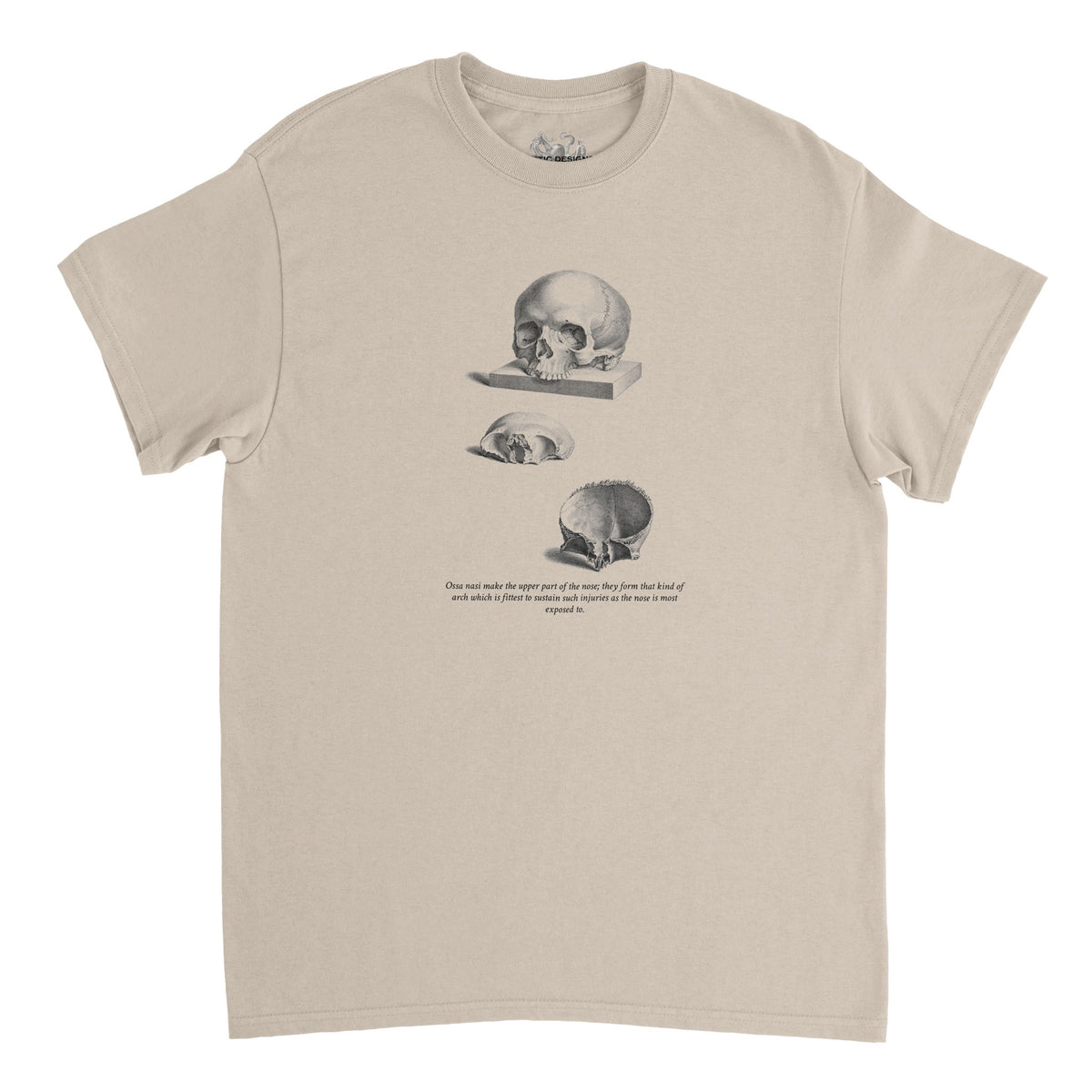 T-shirt anatomie trois crânes humains - William Cheselden (Sable). T-shirt noir avec une illustration de trois crânes humains en différentes vues, dessinés en blanc.