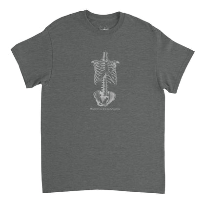 Torso and Human Skeleton Anatomy T-shirt - Cheselden (Graphite). White t-shirt with a black and white front illustration of the torso of a human skeleton.