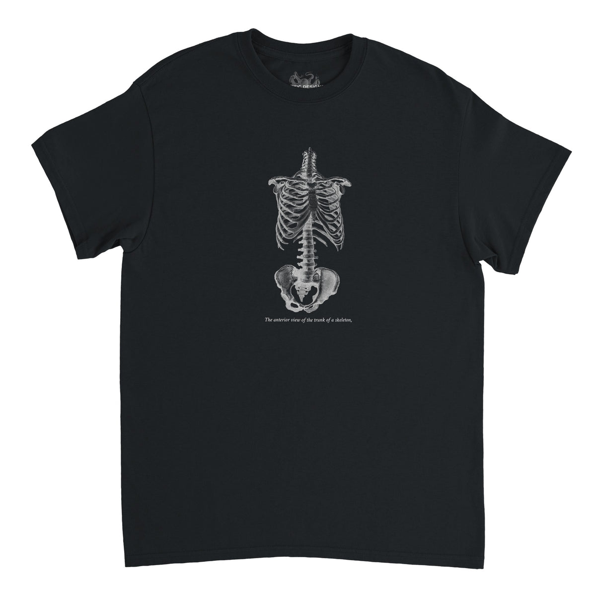 Torso and Human Skeleton Anatomy T-shirt - Cheselden (Black). White t-shirt with a black and white front illustration of the torso of a human skeleton.